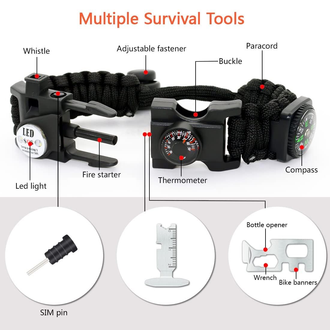 NVioAsport 20 in 1 Paracord Bracelet, Adjustable Gear Kit with SOS LED Light,…