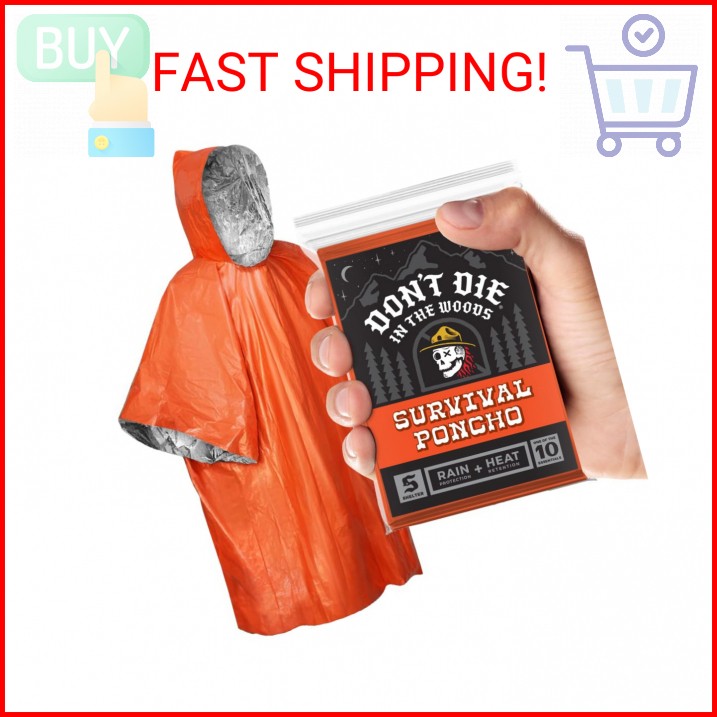 Don’t Die In The Woods – Survival Poncho [1-Pack] – Rain Protection + Heat Reten