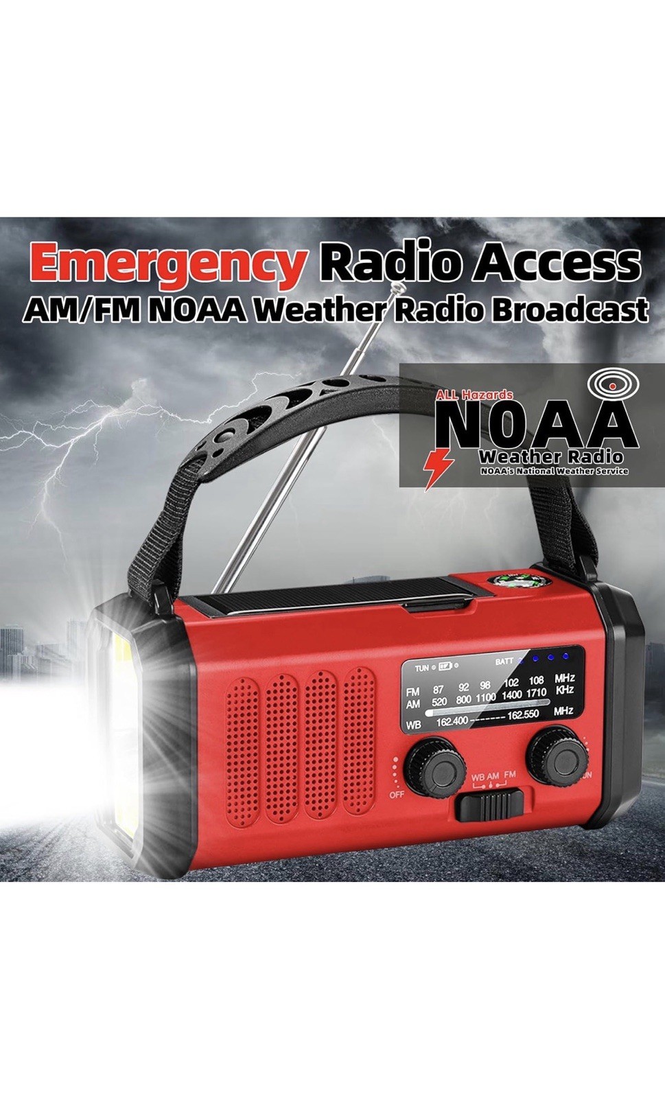 Emergency Hand Crank Solar Radio, Flashlight, LED Lamp, SOS Alarm, Red/Black