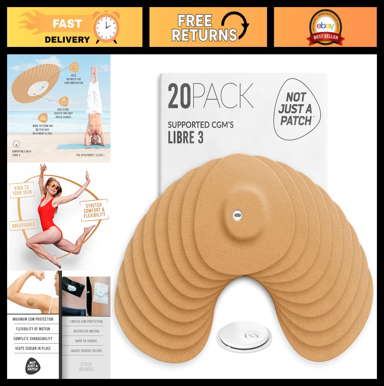 Freestyle Libre 3 Sensor Covers (20 Pack) – Breathable, Sweatproof, Secure Fit,