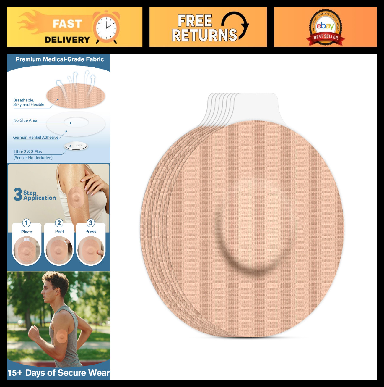 Waterproof Libre 3 Sensor Covers – 40 Pack, Breathable Flexible Adhesive Patches