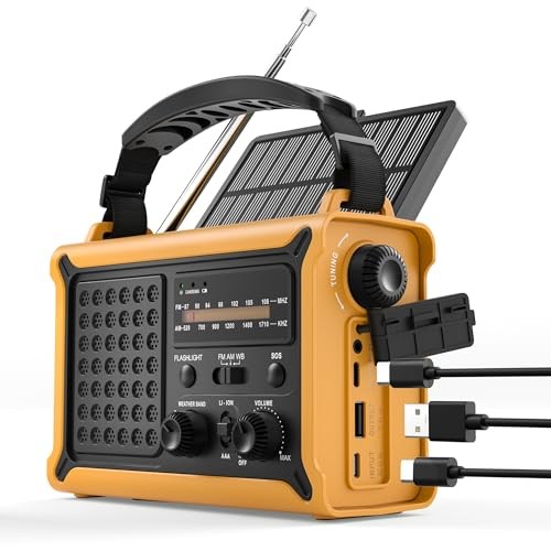 Hand Crank Emergency Radio Solar with 12000mAh Power Bank, Yellow + Black