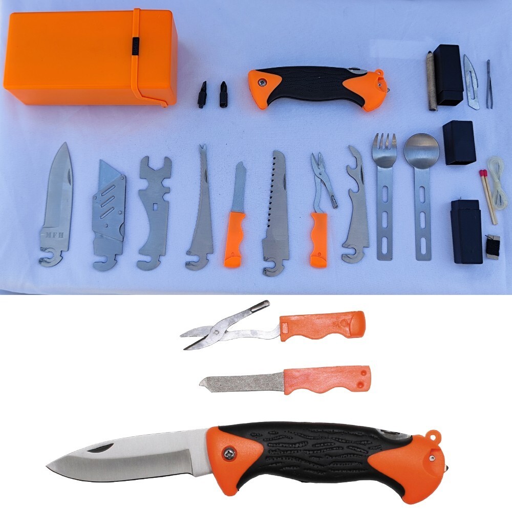 Survival Set 27 Piece Emergency Kit Outdoor Orange with Knife & Tool Tool