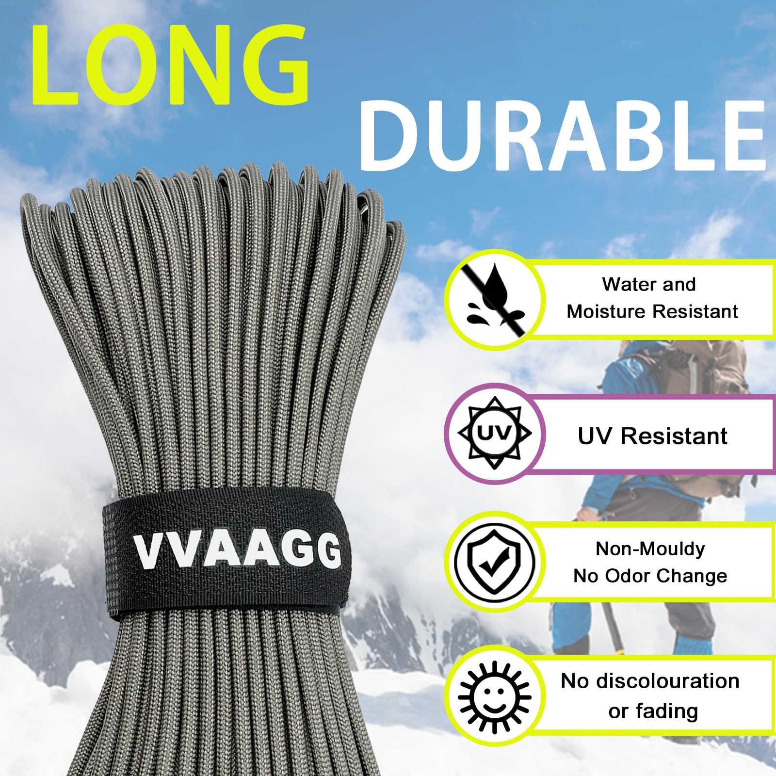 VVAAGG 1000 Paracord Rope 200FT, 4mm Utility Parachute Cord Heavy Gray