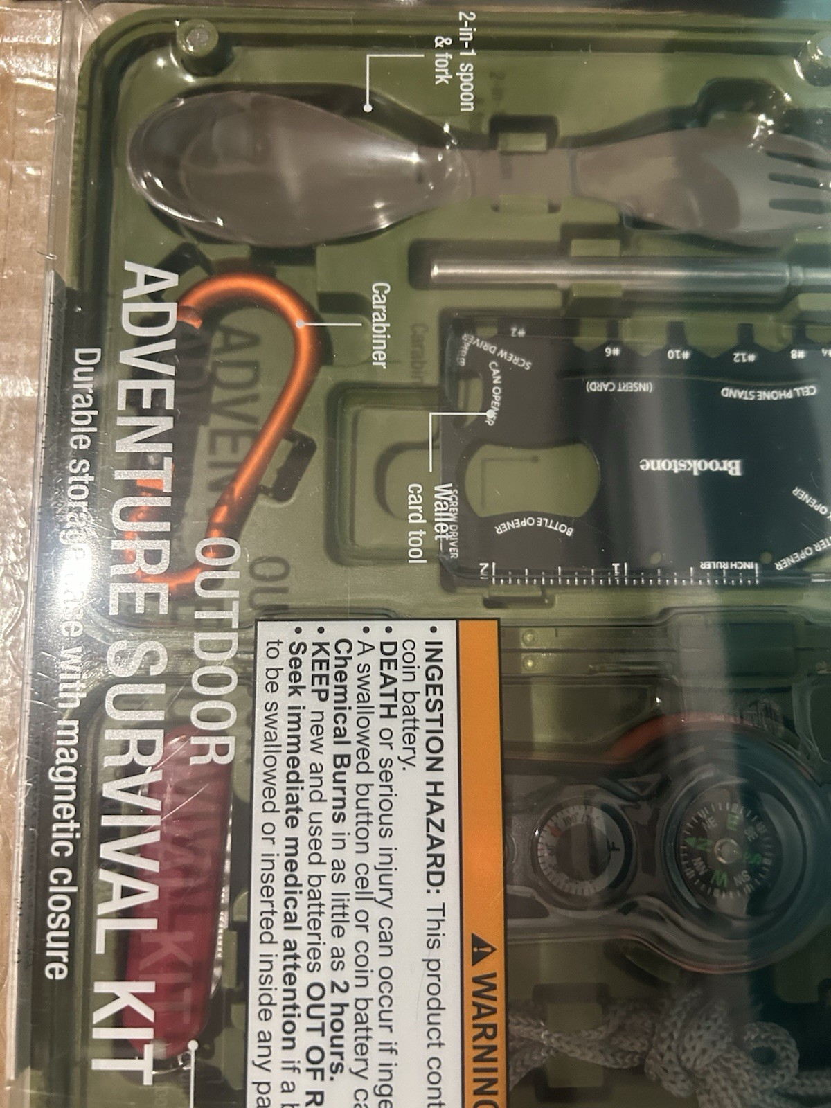 Brookstone 7-in-1 Survival Compass Kit Green Whistle LED Flashlight Magnifier