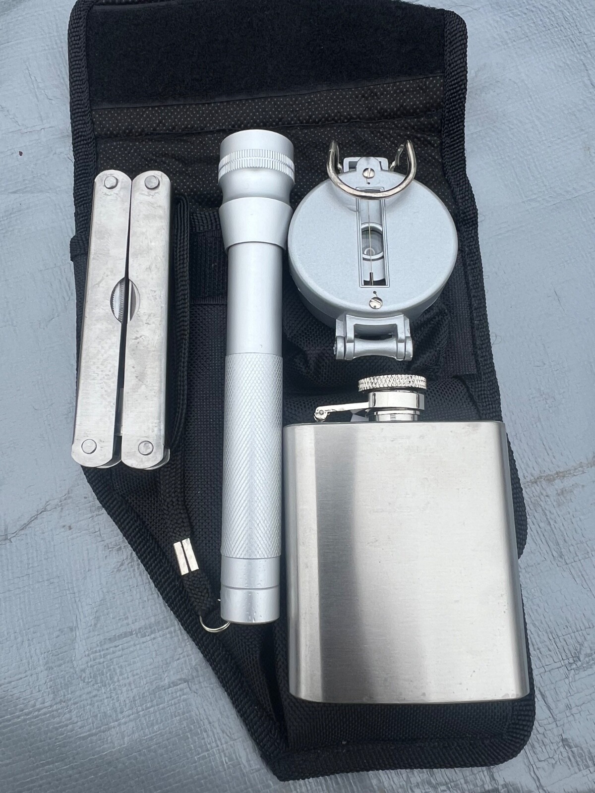 Survival Kit Gear Multi Tool Flashlight Compass Flask Sheath Camping Hunting