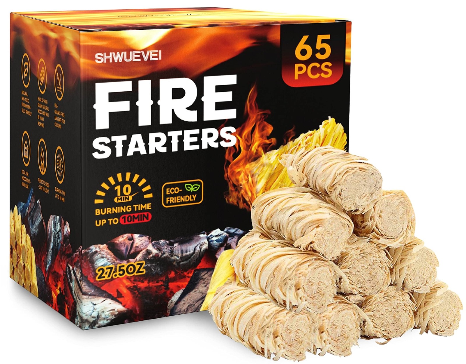 Shwuevei 65 pcs Fire Starter – Natural Starters for 65 pieces, Wood