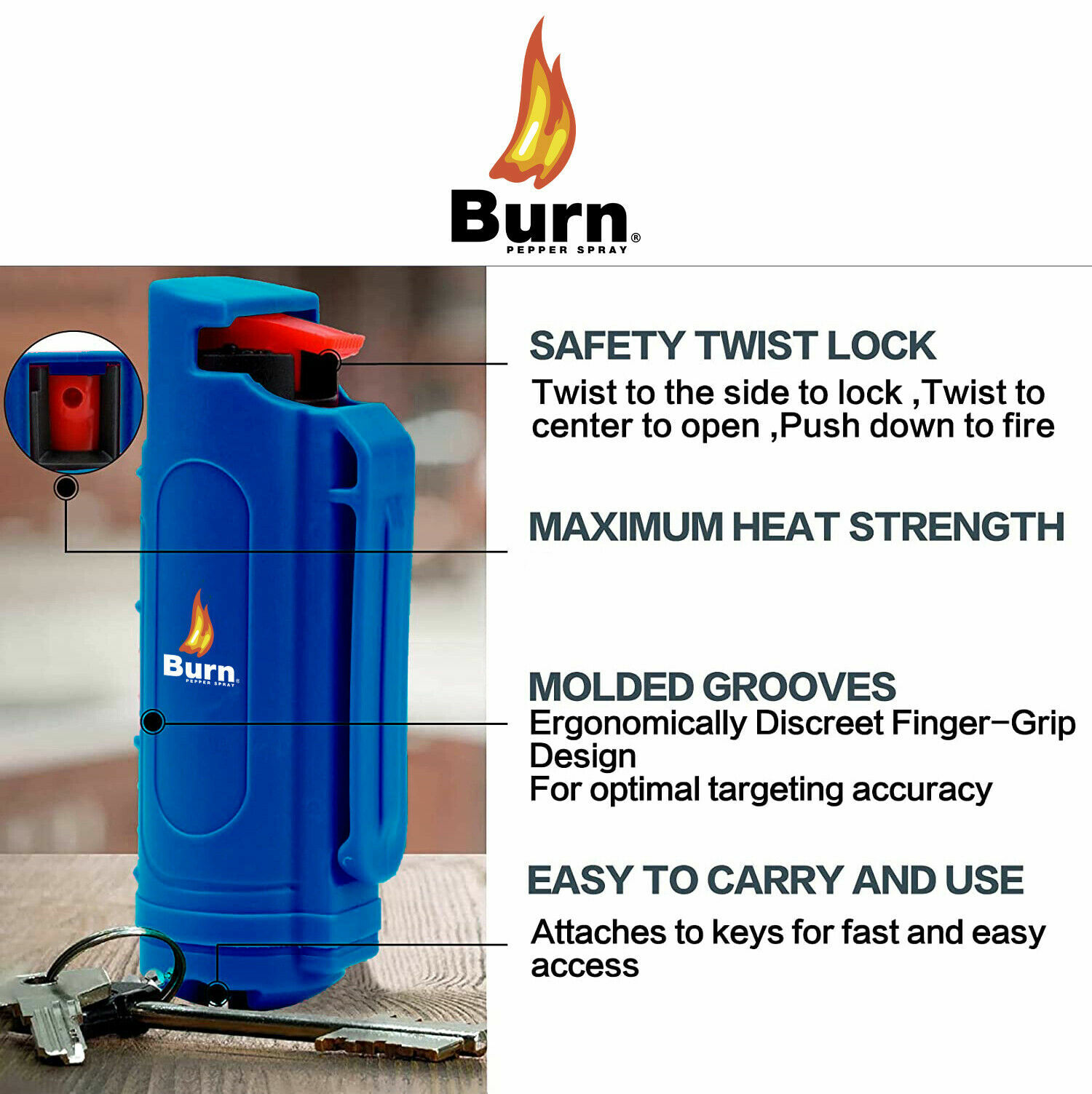 BURN Pepper Spray 0.5oz Blue Molded Self Defense Keychain Security Safety Lock