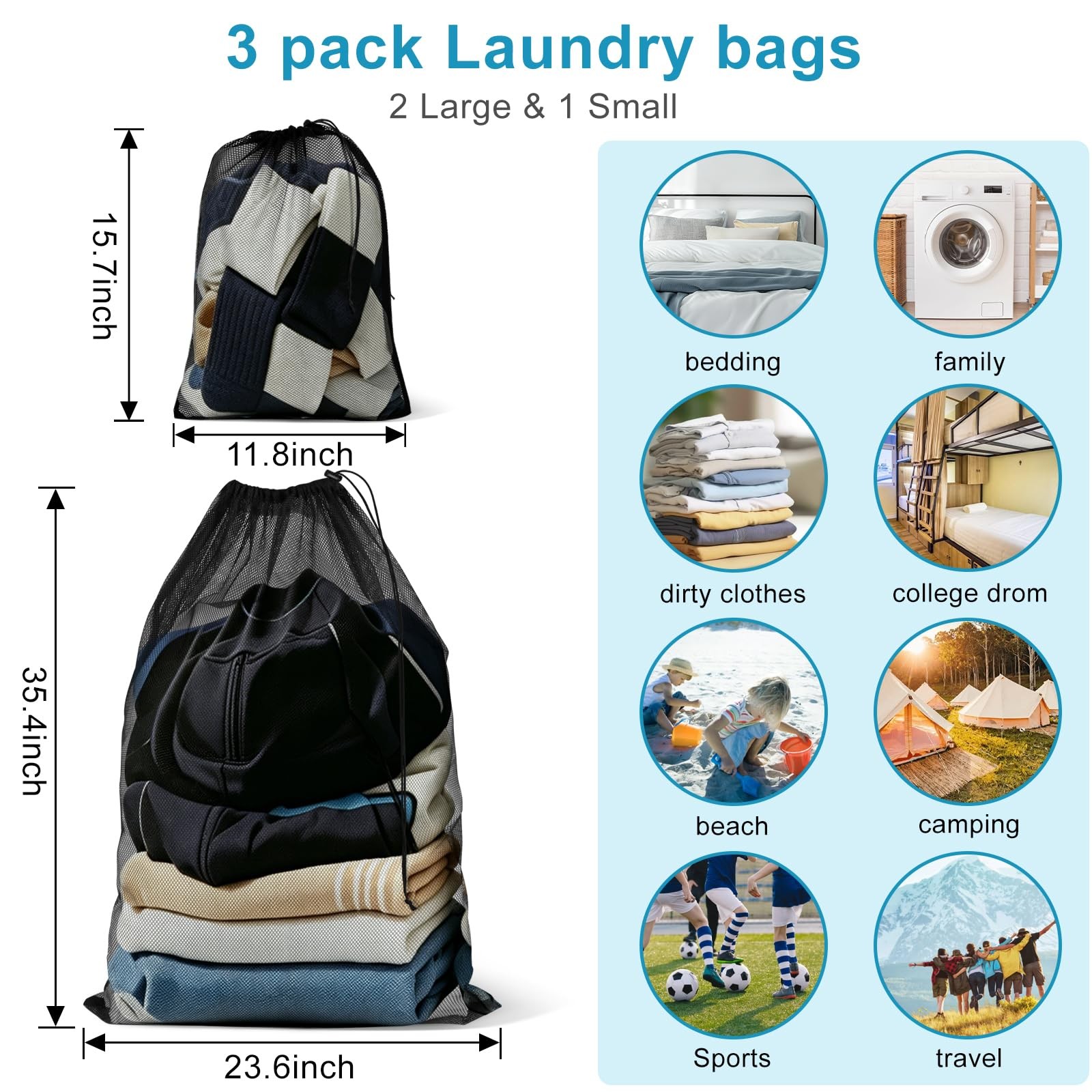Urxvog 3 Pack Mesh Laundry Bags – 2 Large & 1 Small, 2 & 1 black