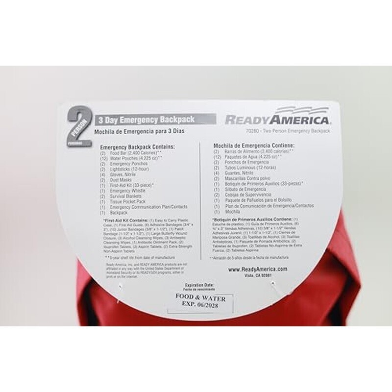 72 Hour Emergency Kit 2-Person Survival Backpack First Aid Water Food Supplies