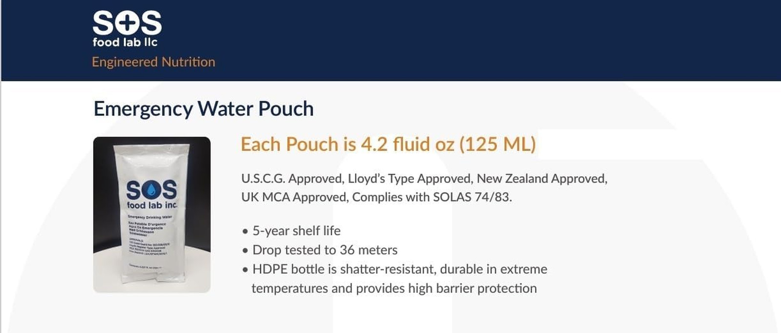 SOS 78804 Emergency Drinking Water Pouch, 125Ml