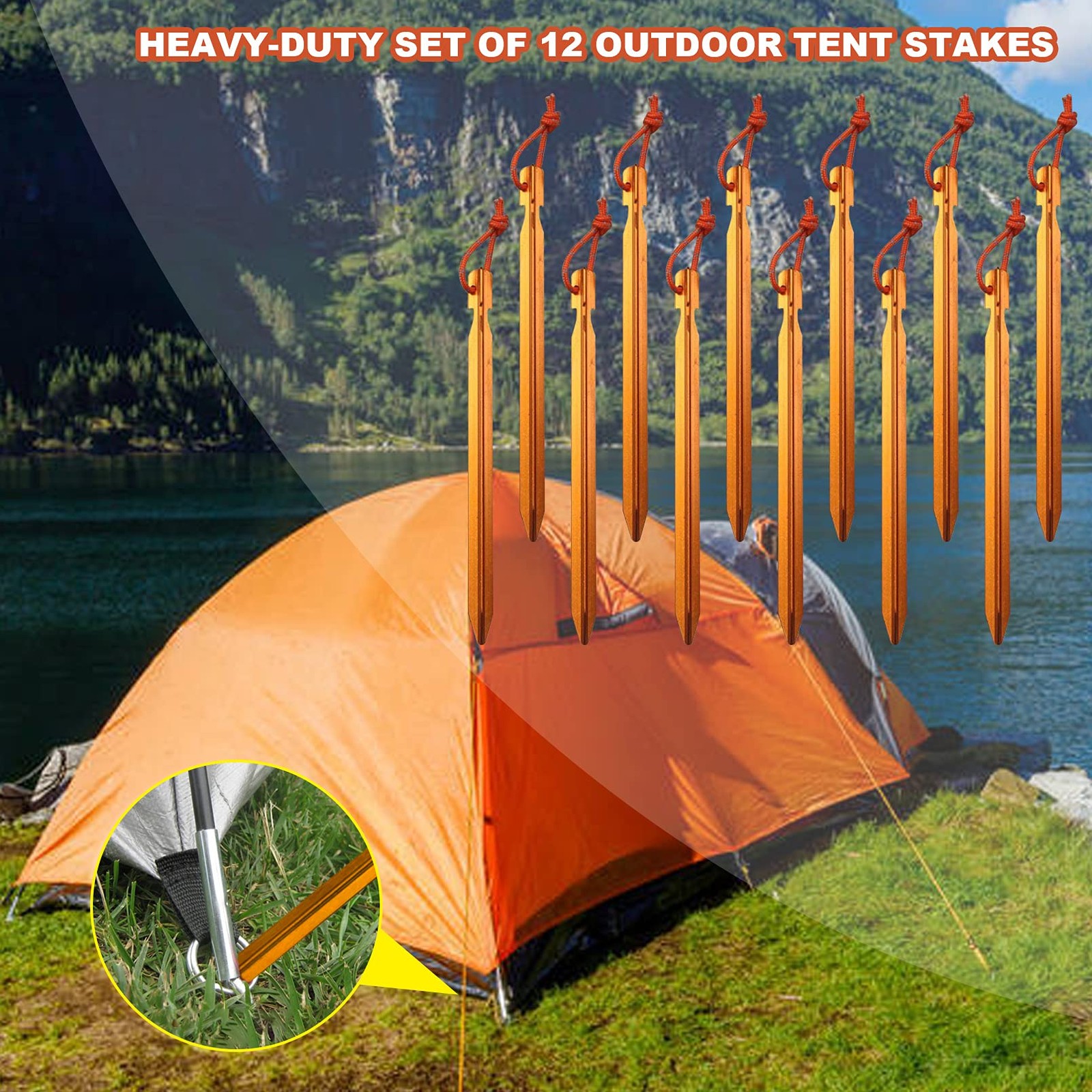 12 Pack Tent Stakes, 7075 Ground Metal Camping One Size, Apricot Orange