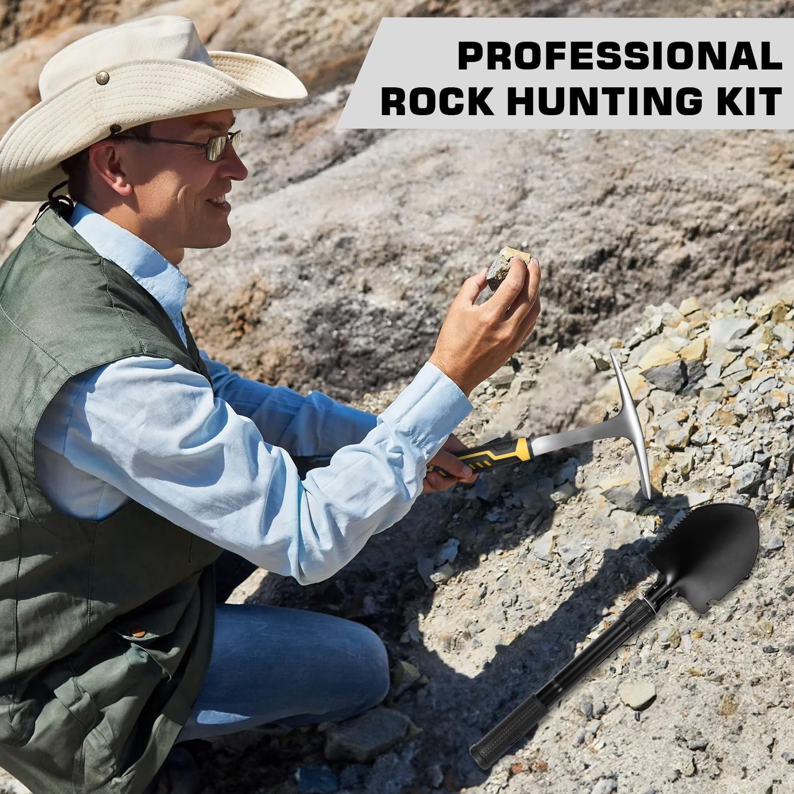 26oz Geologist Rock Pick Tool kits-12″ Folding Multitool Shovel-Survival Brac…
