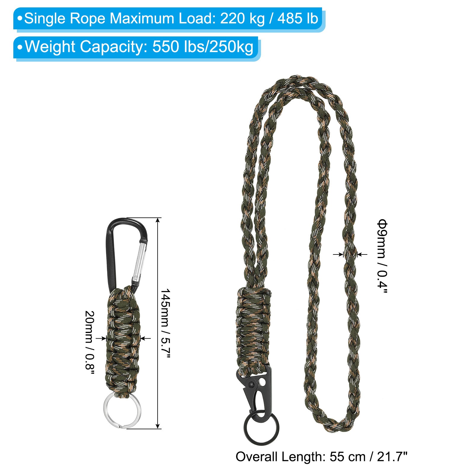 4Pcs Braided Paracord Lanyard Keychain, Paracord Neck Badge Lanyard Camo