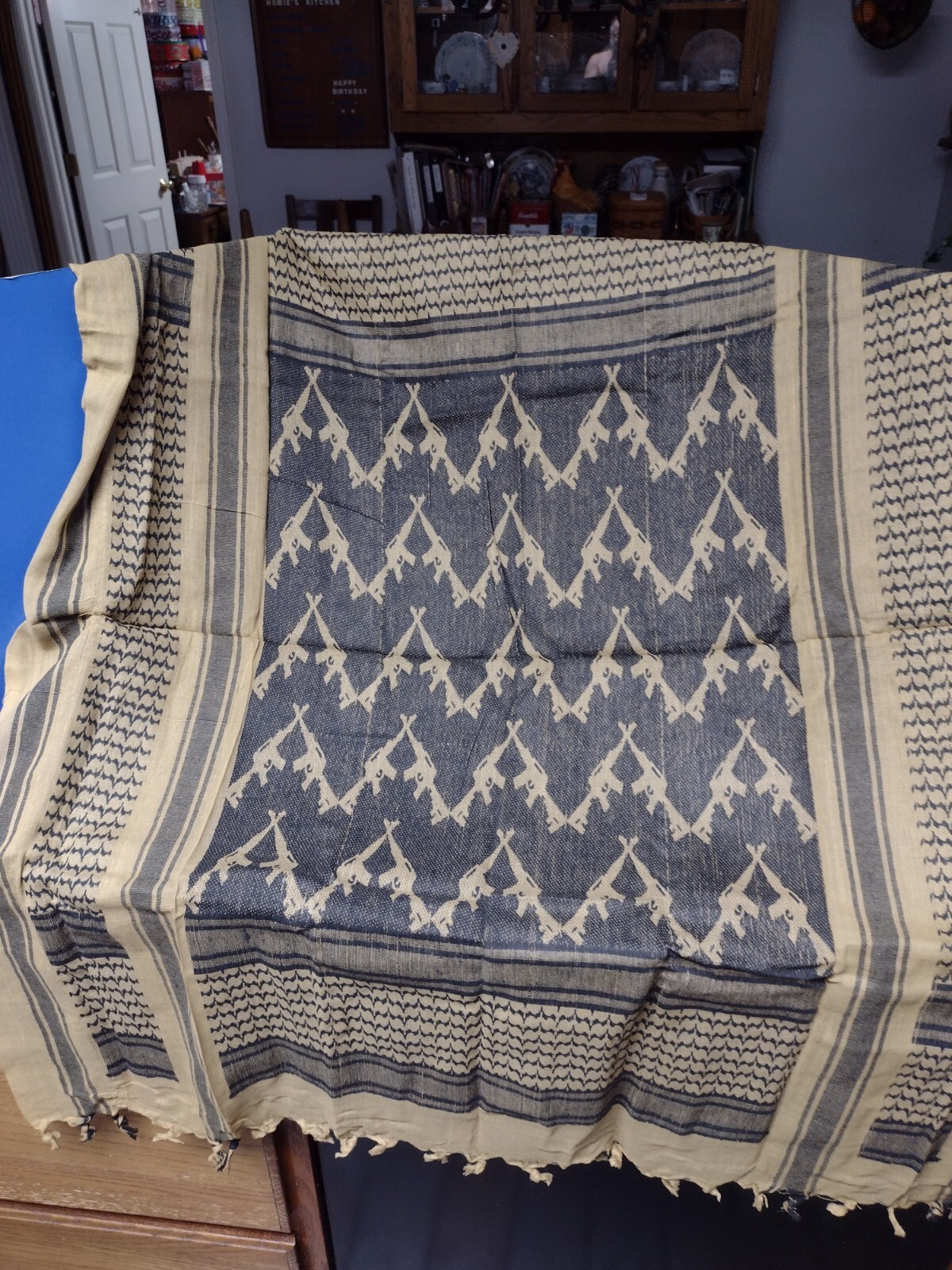 SET OF 2 SHEMAGH SCARVES RIFLES TROJAN HEADS DESIGNS DESERT TAN COLOR