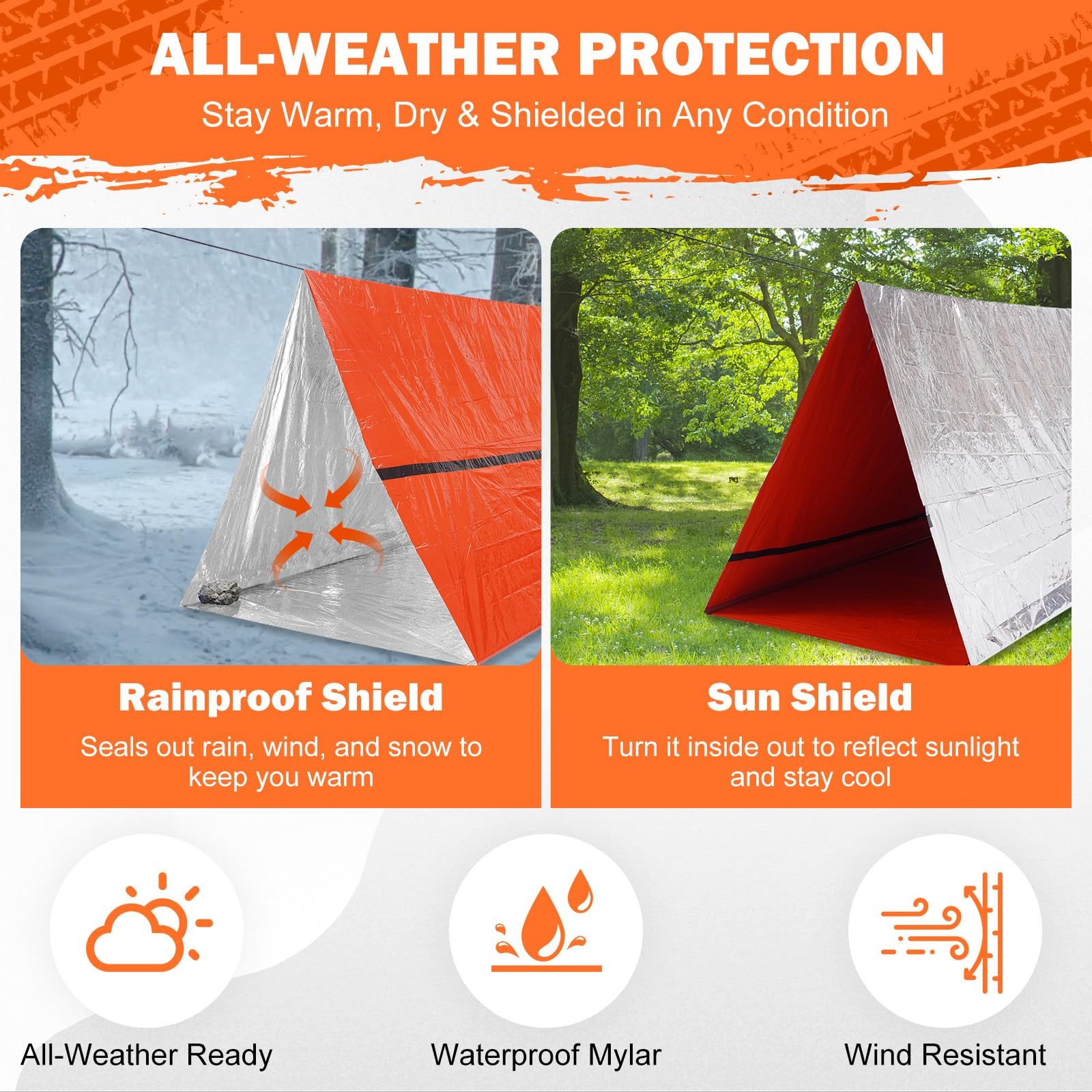 Life Emergency Tent Survival Shelter – 2 Person Mylar 1 Pack, Orange