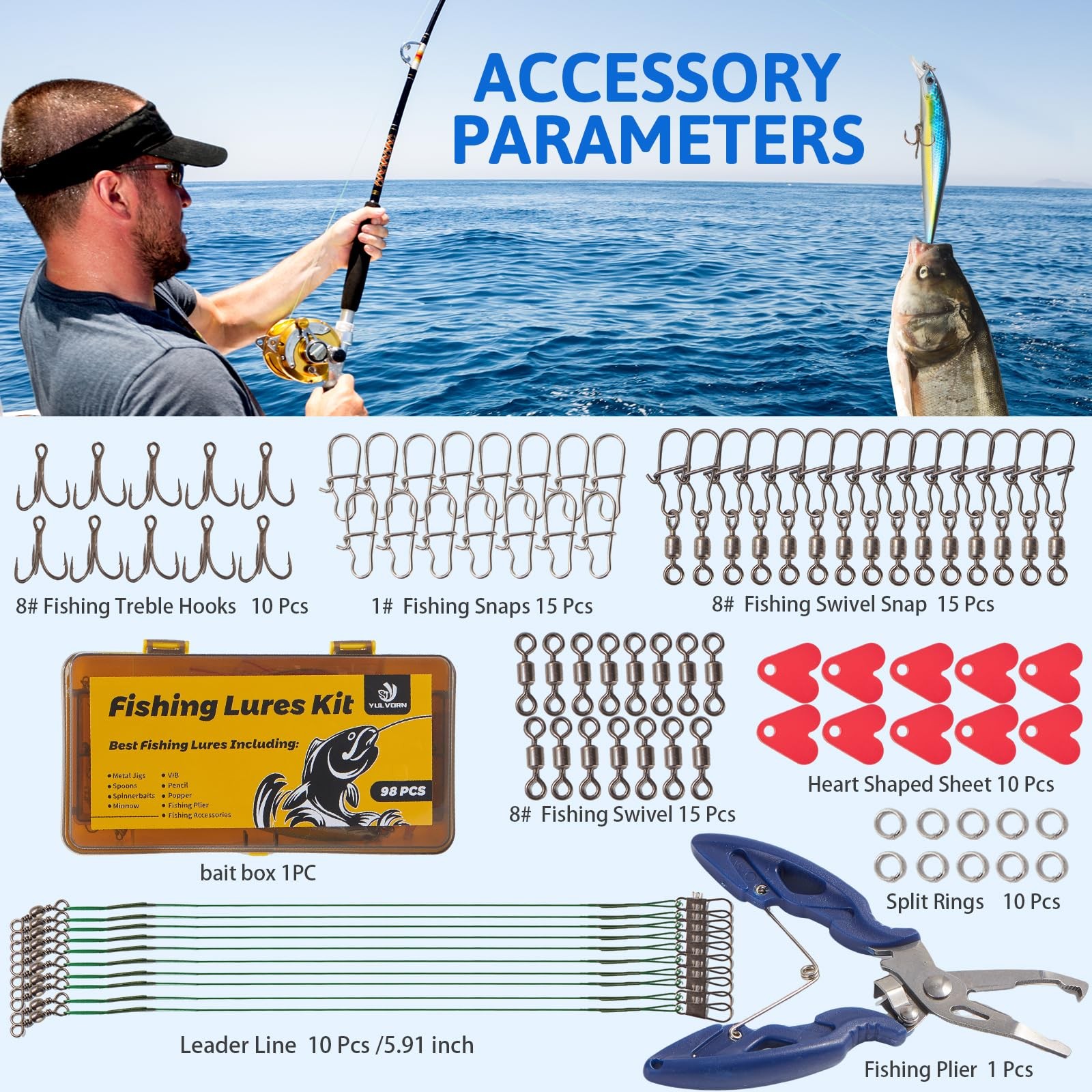 Yulvorn 98PCS Fishing Lure Kit, Tackle Box with Gear for Medium, Colorful
