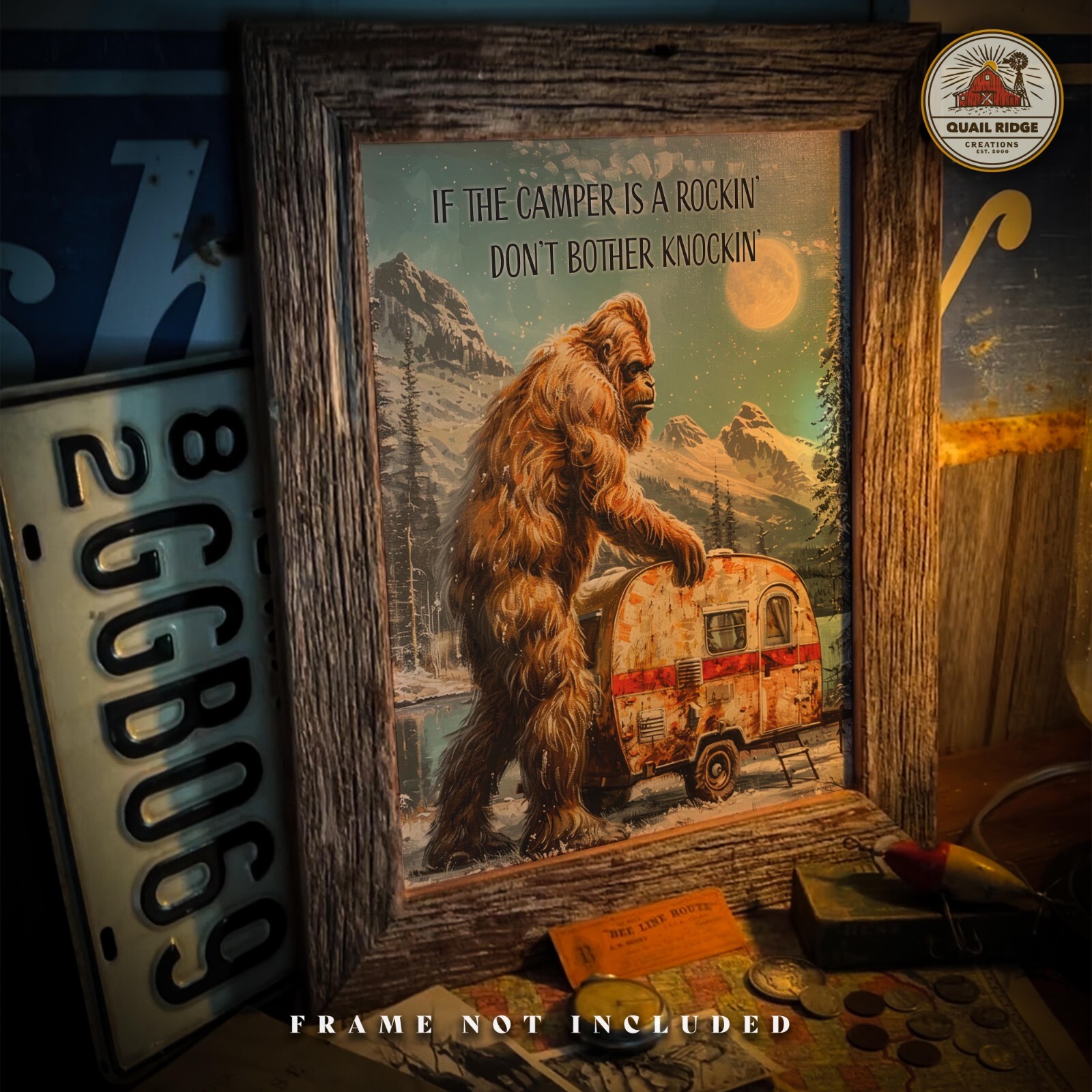 Vintage Sasquatch Bigfoot Art Print RV Camping Artwork Camper Wall Decor Gift