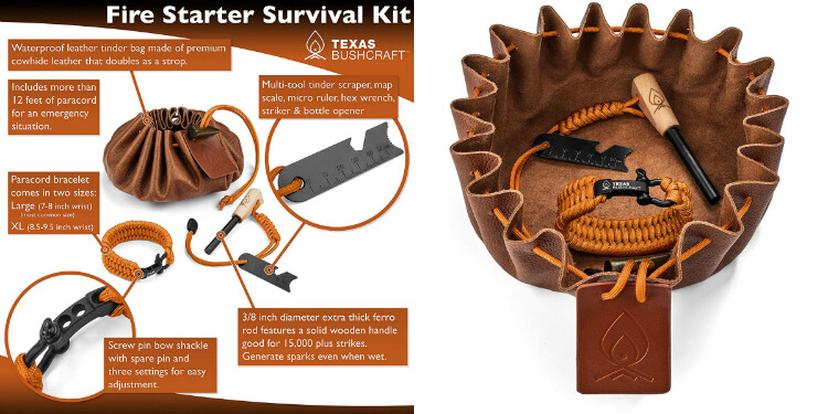 SURVIVAL KIT Mulit-Tool Fire Starter Wrench Paracord Bracelet Leather TINDER BAG