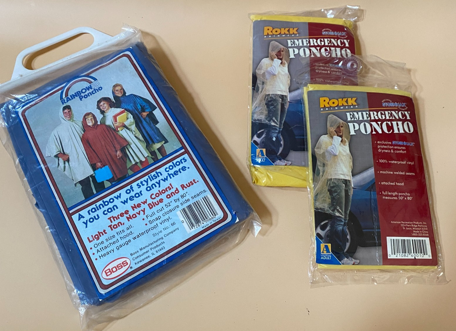 Poncho Rain Yellow Emergency Vinyl Blue Heavy Vinyl Attached Hood 1 Size 3 Lot