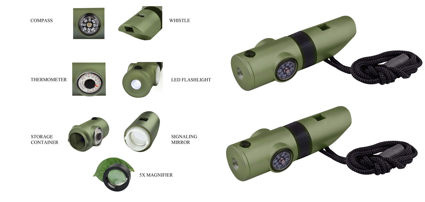2PC Camping Survival Whistle Compass Thermometer LED Flashlight Fire Magnifier
