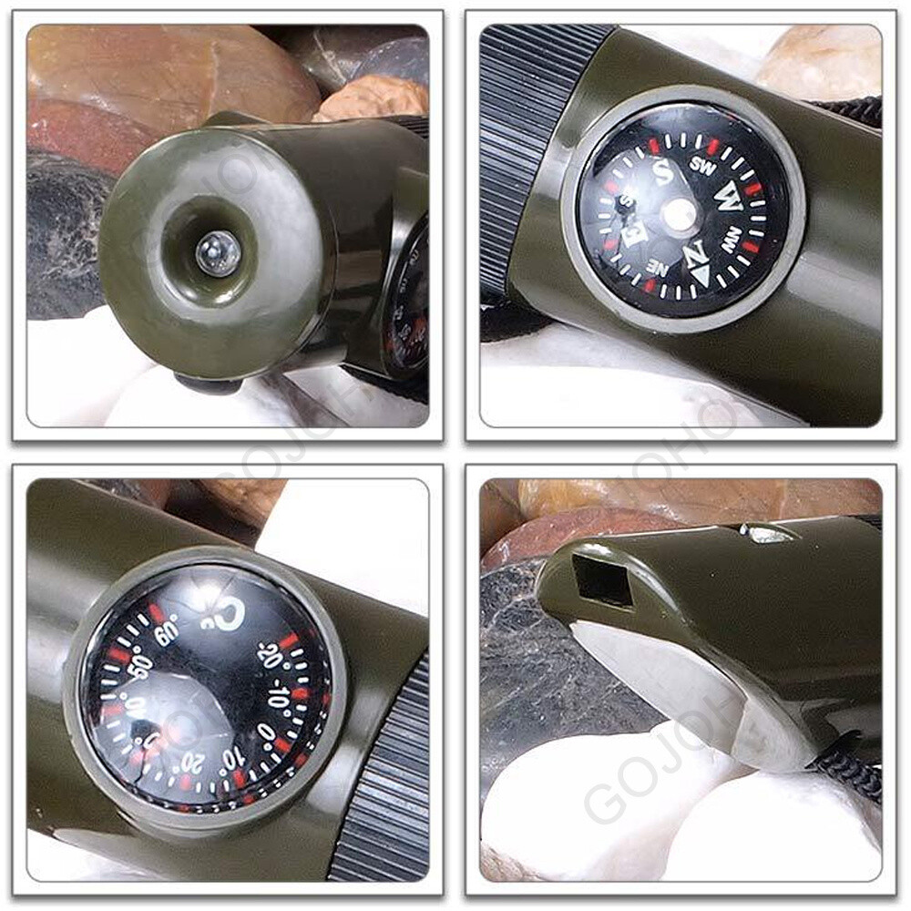 7 in 1 Military Emergency Survival Whistle Kit Compass Thermomet Tools LED Light