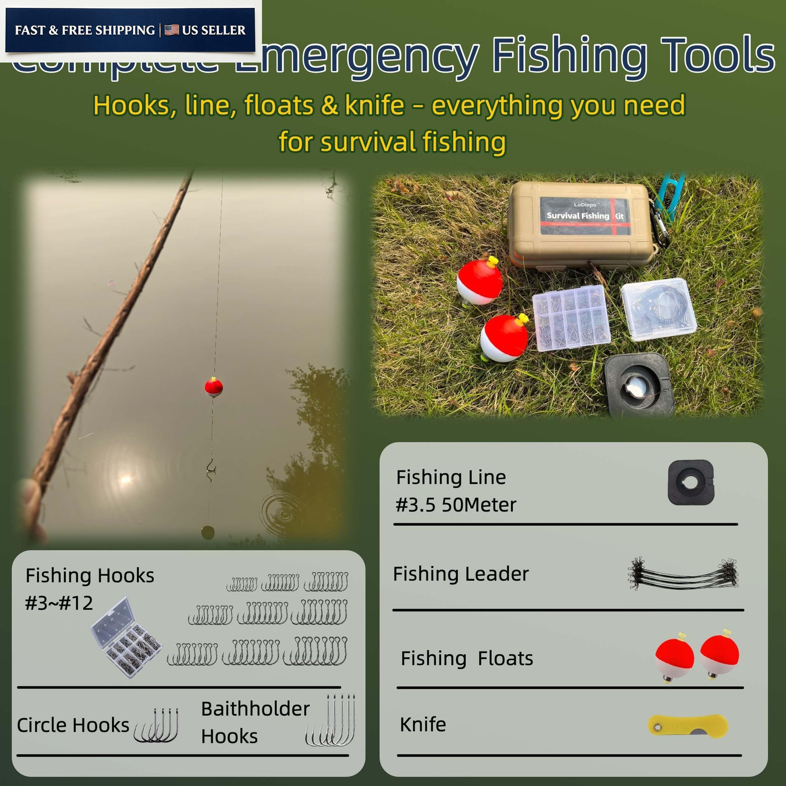 LoDinpo Pocket Survival Fishing Kit,Emergency Tackle Small, Wildfire Orange