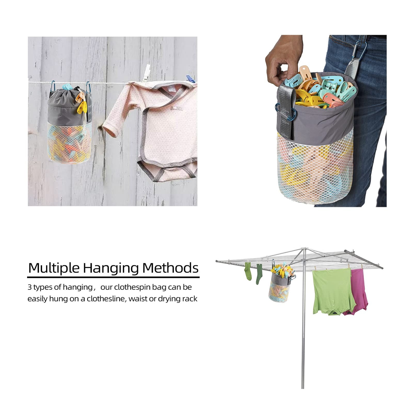 KOOZTI Clothespin Bag for Clothesline Outdoor, Clothes Pin Medium, Grey