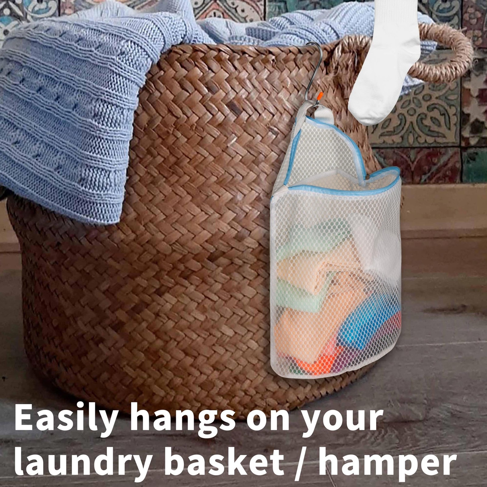 3Pcs Hanging Laundry Bags for Socks with S Hooks, 12 Large, white, pink, blue