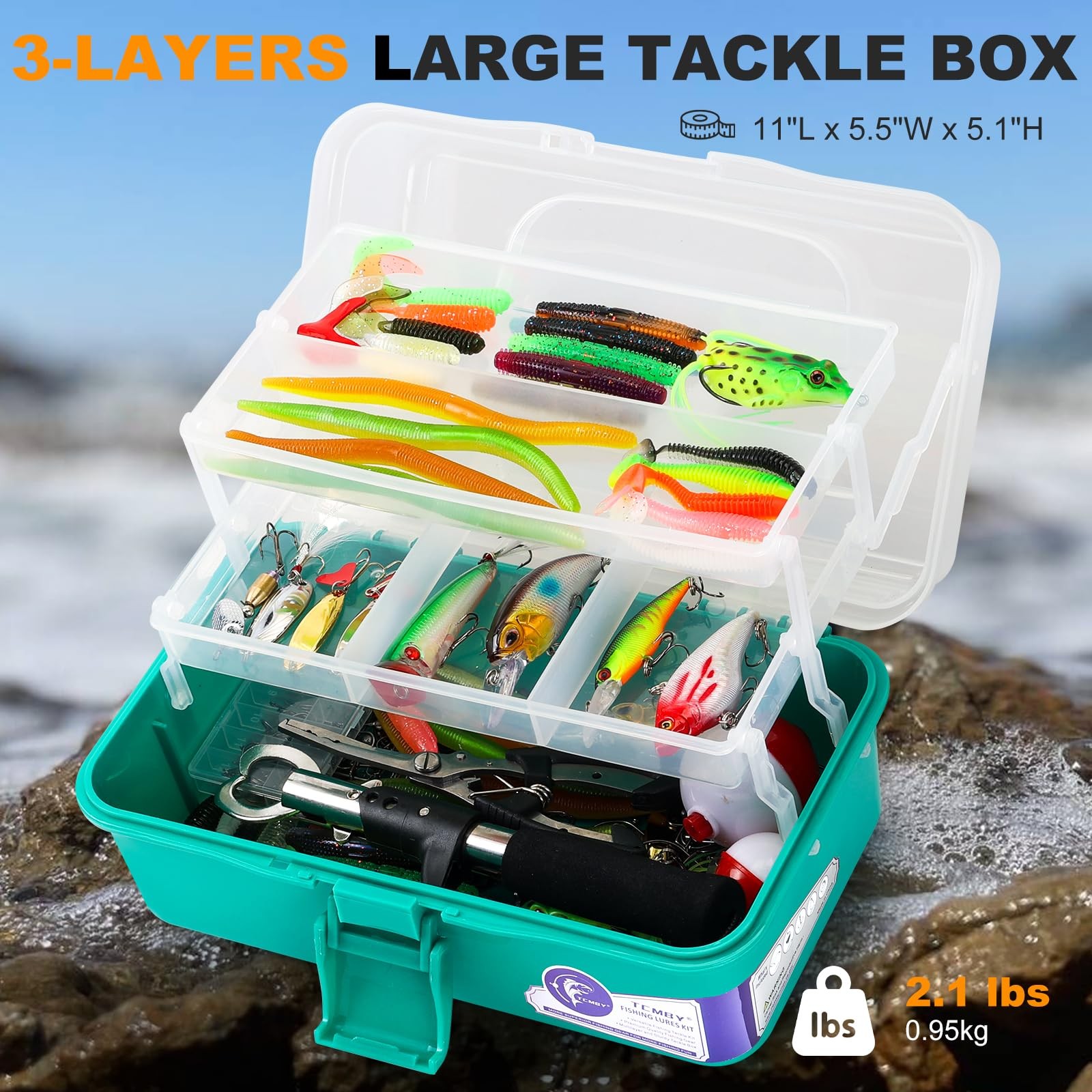 TCMBY 3 Layers Tackle Box with 11.0 x 5.5 x 5.1 inches, Green