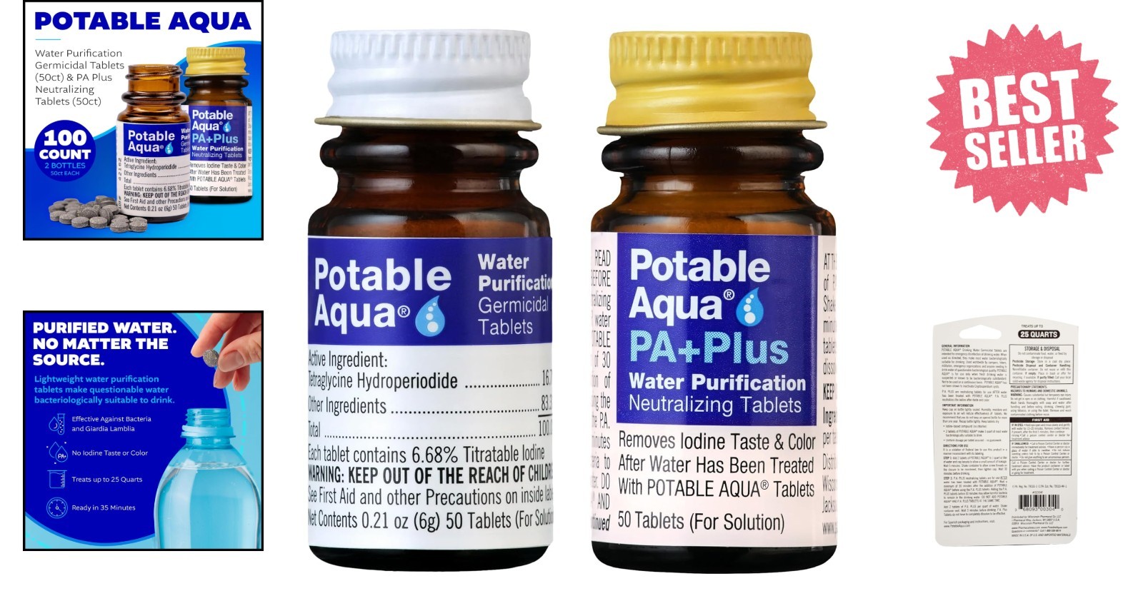 Water Purification Tablets With PA Plus – Two 50 count Bottles