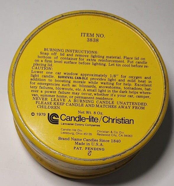 1979 Survival Can-dle 8oz Metal Tin Vintage USA