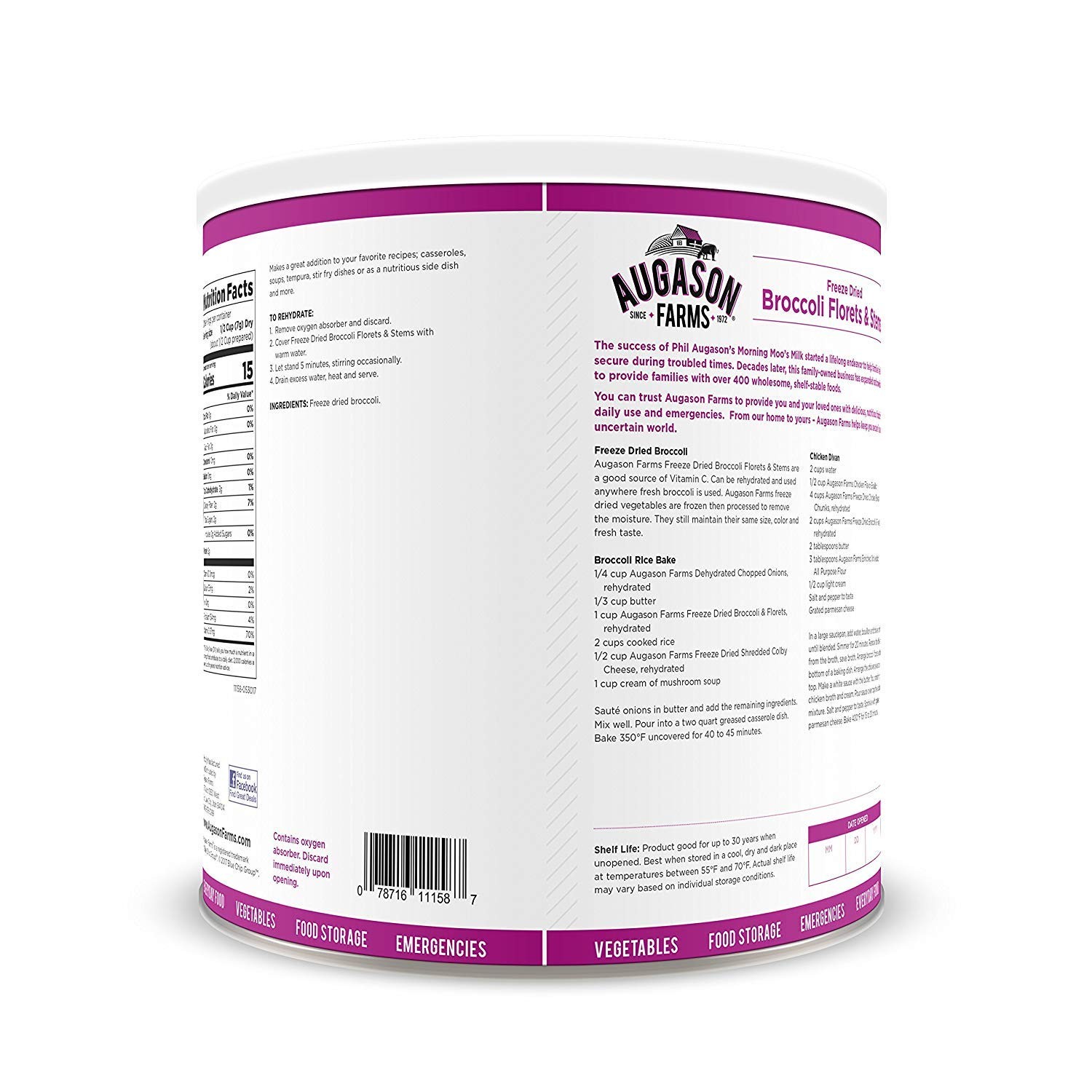 Freeze Dried Broccoli Florets and Stems Emergency Food Supply, 34 6 oz, White