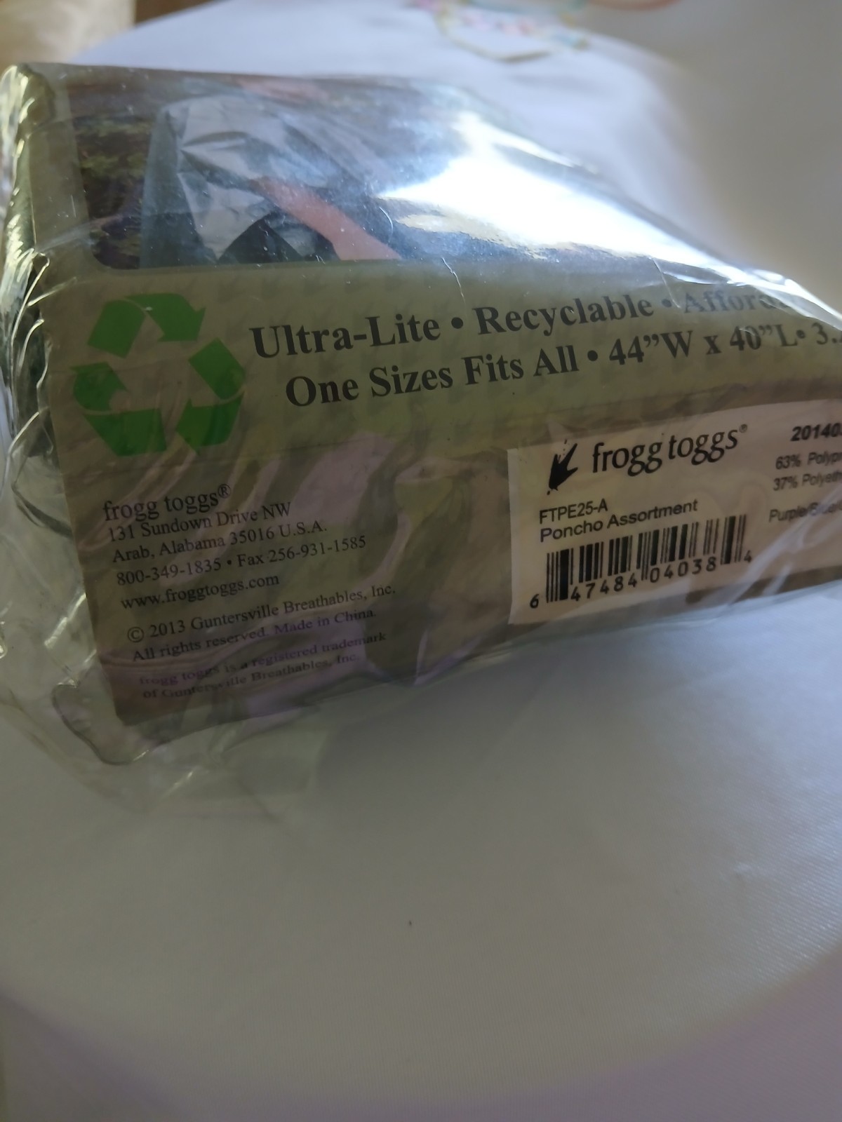 FROGG TOGGS Adult Purple Green Emergency Poncho 1 Size Fits All NEW 44W x 40L