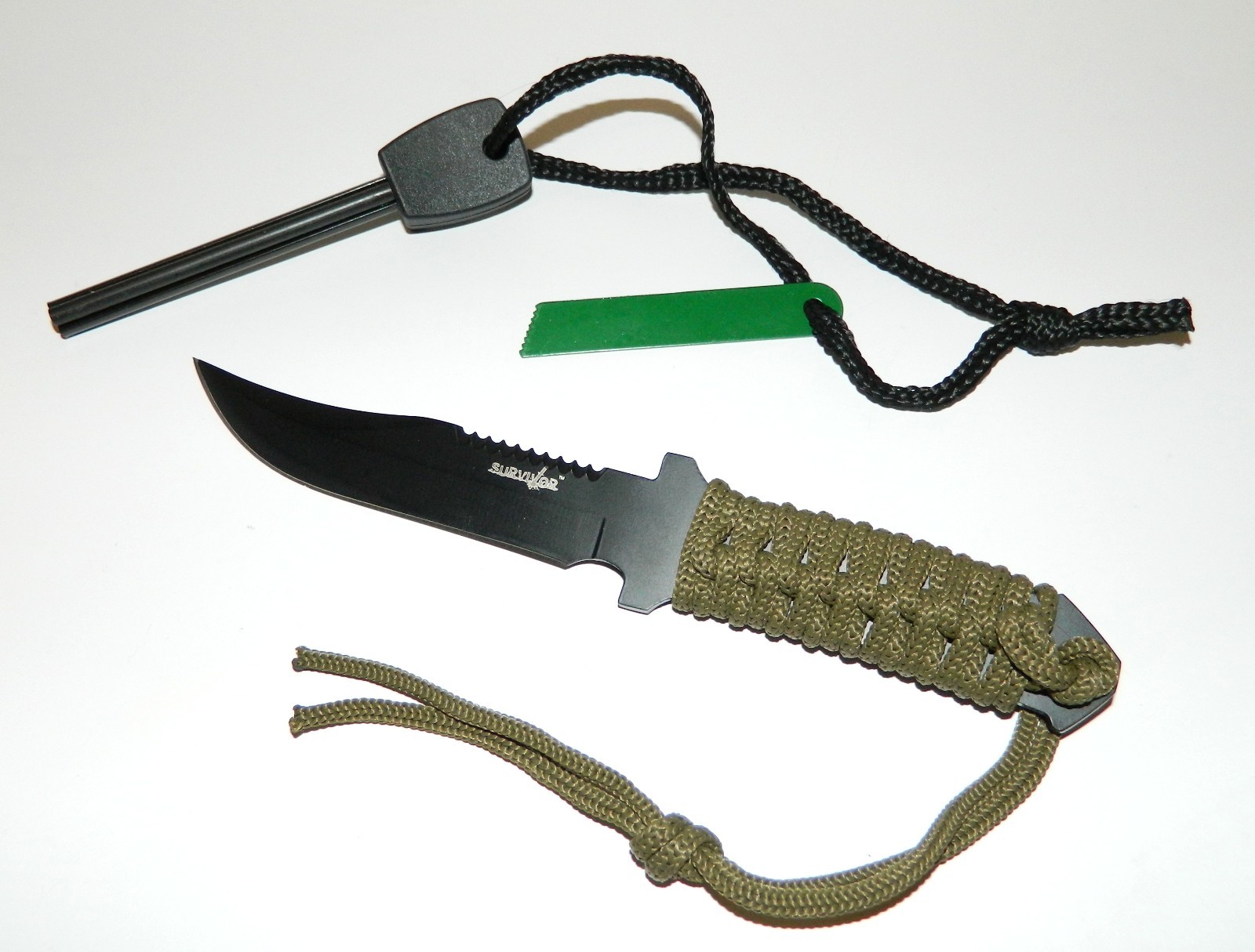 Dual Rod Flint Magnesium Fire Starter Kit & Full Tang Outdoor Survival Knife NEW