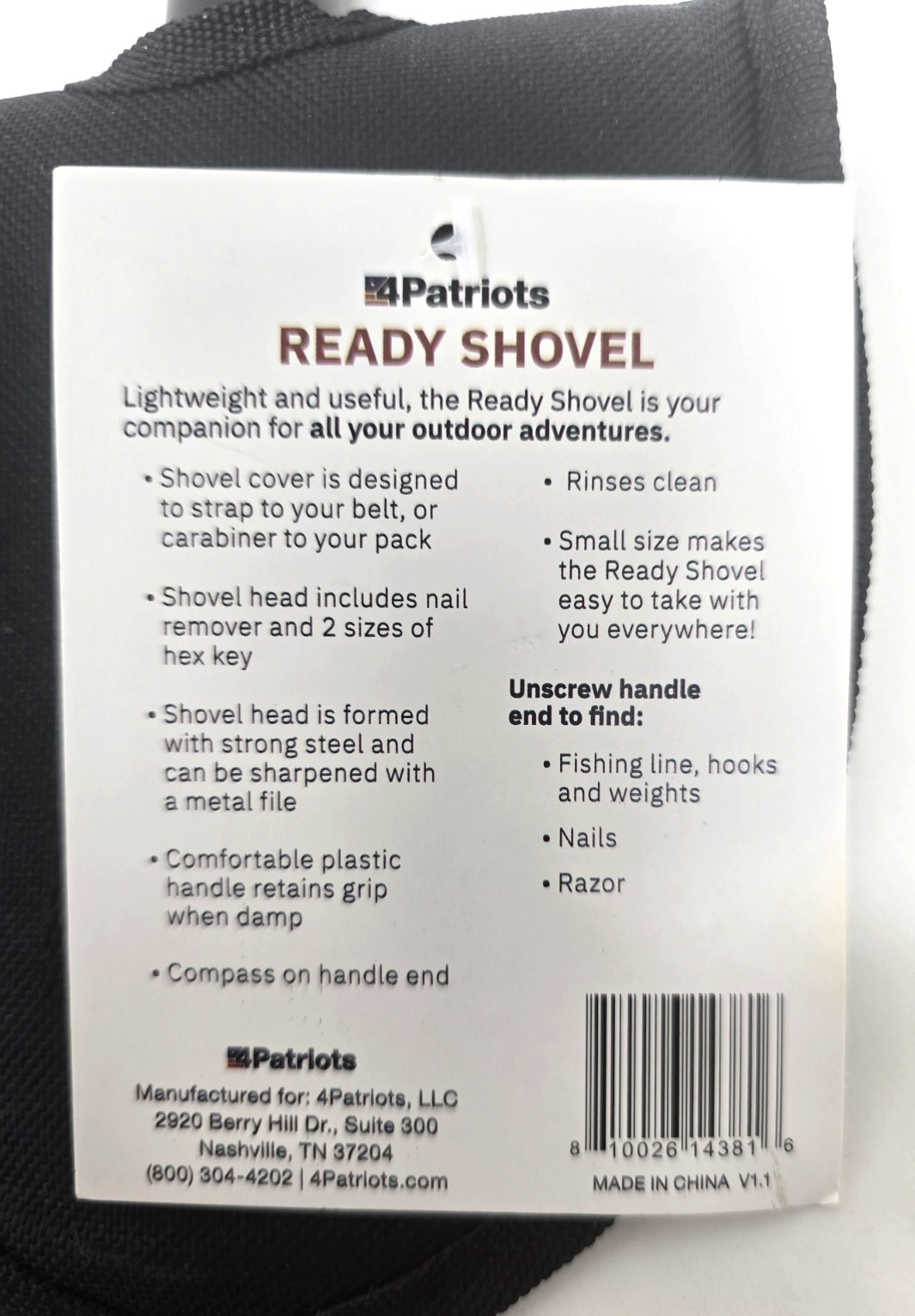 4 Patriots Ready Shovel w/ Nail Remover Fishing Line Hooks Weights Compass Razor
