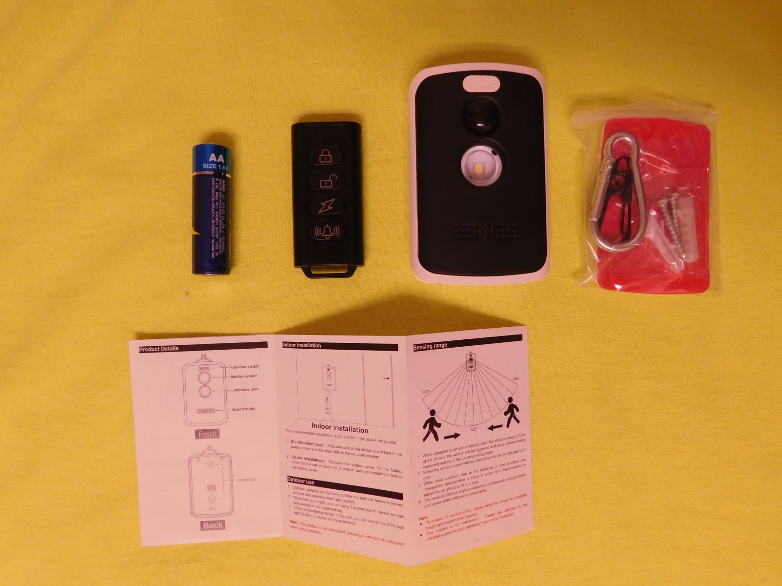 Pocket-size Passive Infrared detecting Alarm (light & siren) w/remote -NEW-