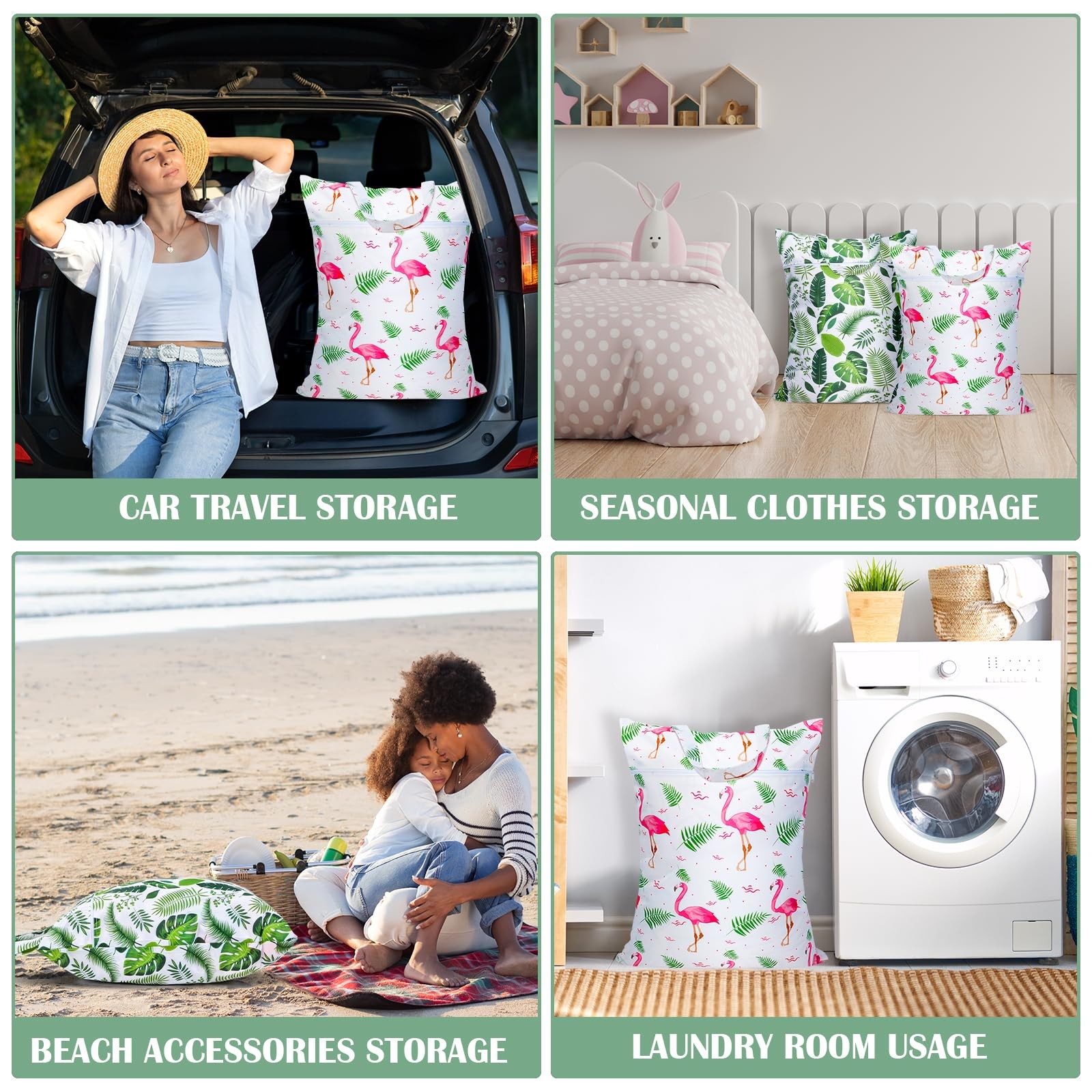2 Pcs Large Travel Laundry Bags – Waterproof with Large, Green Leaf +Flamingo