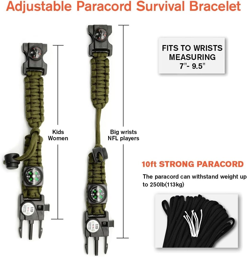 Durable Paracord Survival Bracelet with Whistle, Compass & LED Light – Green