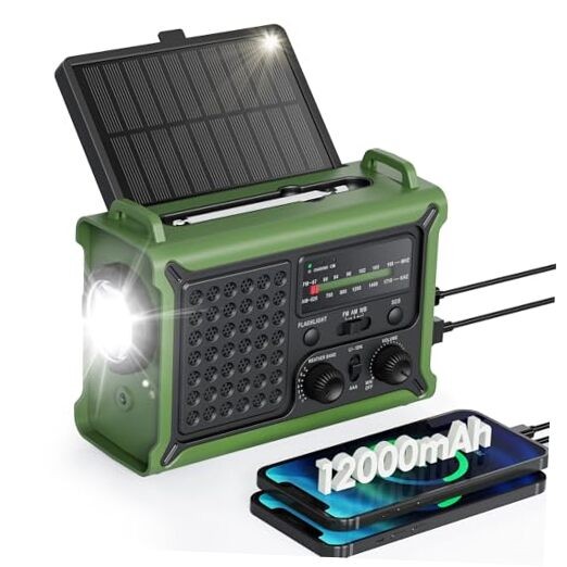 Emergency Weather Radio with Large Solar Panel, Efficient Hand Crank Army Green