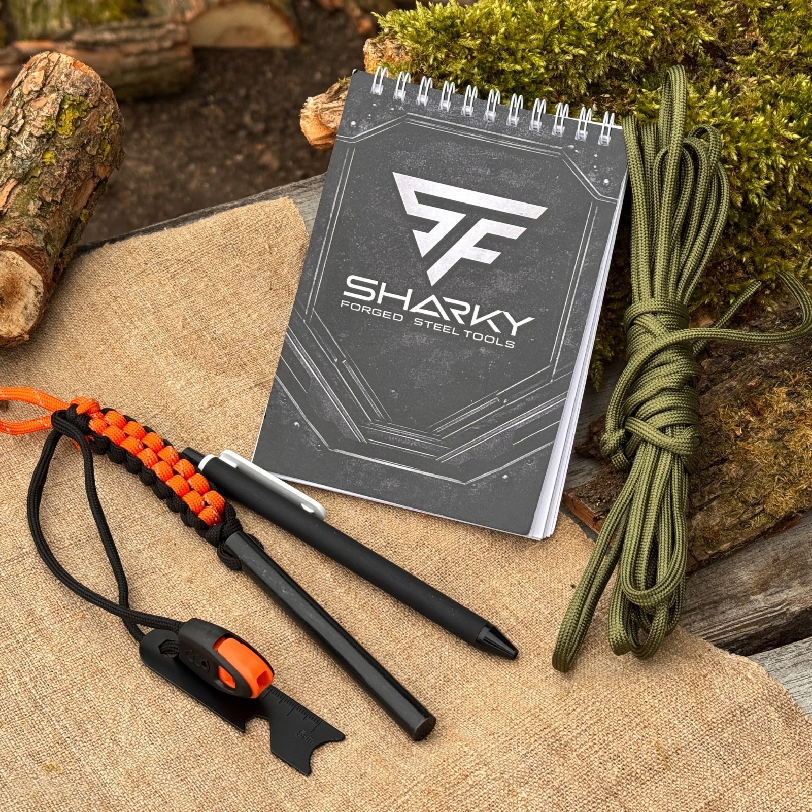 Camping Survival Kit with Ferro Rod Notebook Pen Paracord Bushcraft Gear Sharky