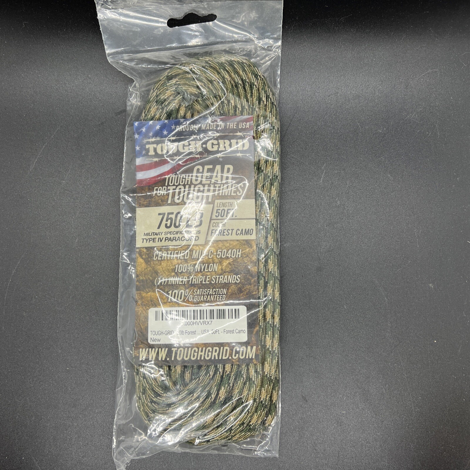 TOUGH-GRID 750lb Buckskin Black Type IV Paracord 50Ft. Certified MIL-C-5040-H