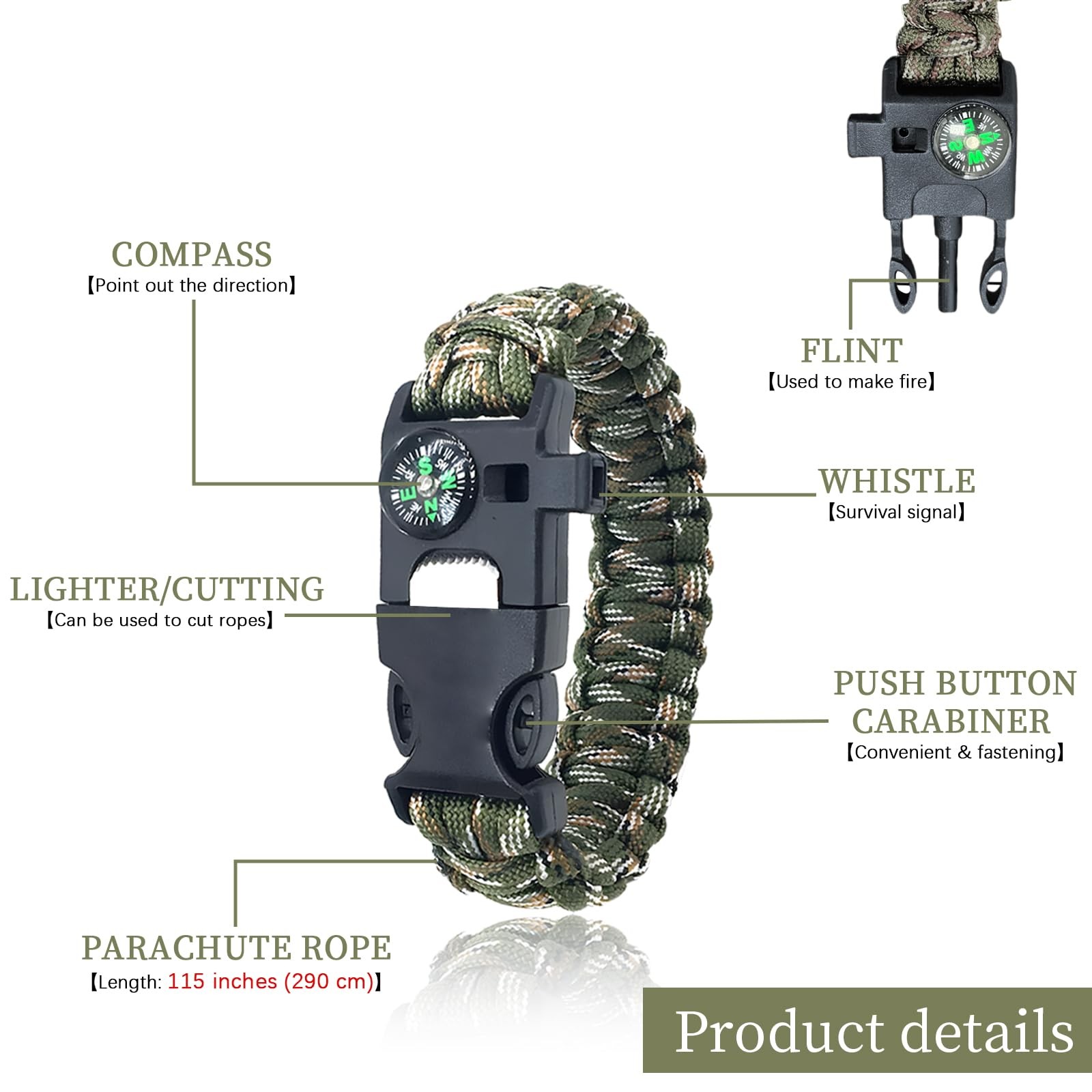 Survival Bracelets Set of 4 | 5in1 Paracord Bracelet with Fire Starter, Compass &…