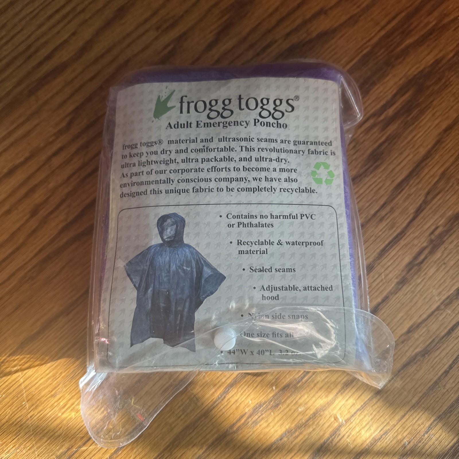 Frogg Toggs Adult Emergency Poncho One Size Fits All 44″W x 40″L 3.2 oz – New