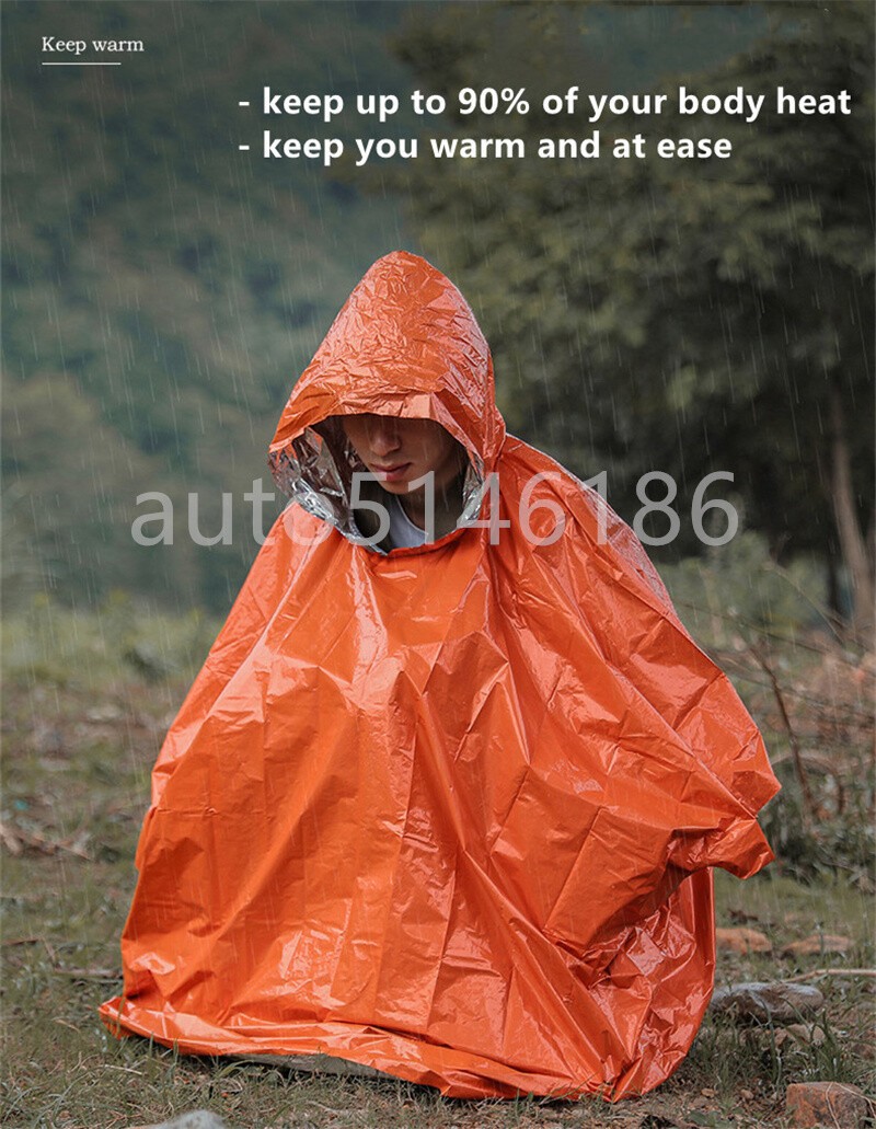 2Pcs Emergency Hooded Poncho Insulated PE Rain Coat Windproof Outdoor Hiking