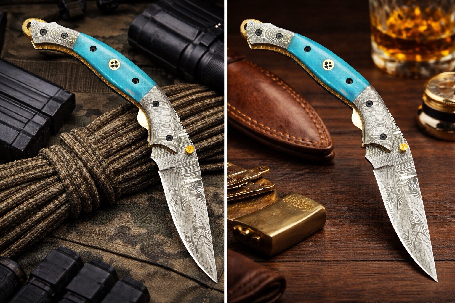 USA Pocket Knife Damascus Folding Blade Knife Camel Bone Handle