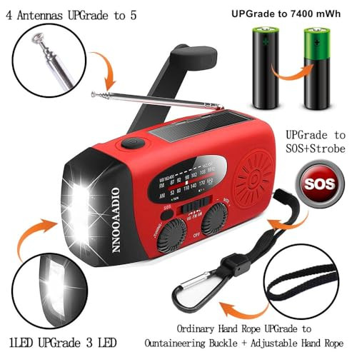 7400 mWh SOS Alarm Emergency Weather Radio, 3LED Type-C Hand Crank Solar
