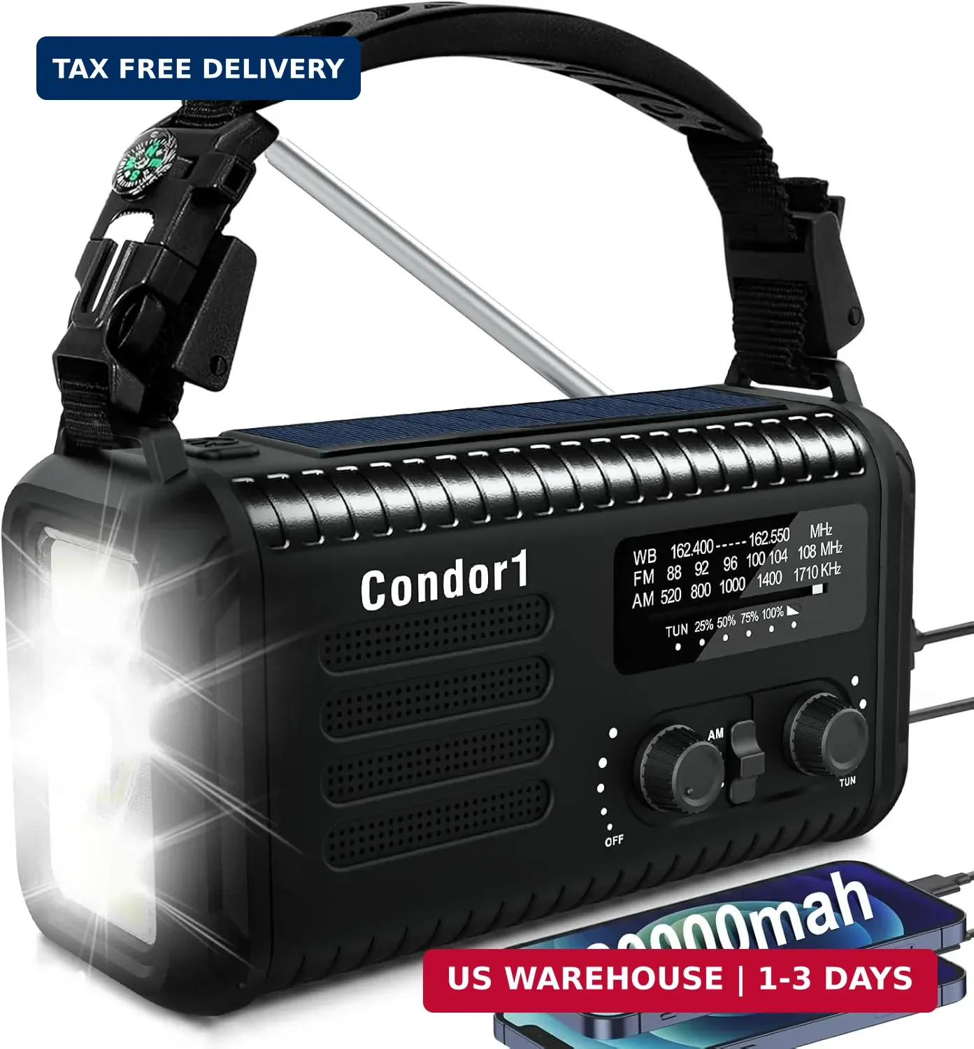 NOAA Weather Radio 20000mAh Battery Powered｜Solar Hand Crank Emergency Radio AM/