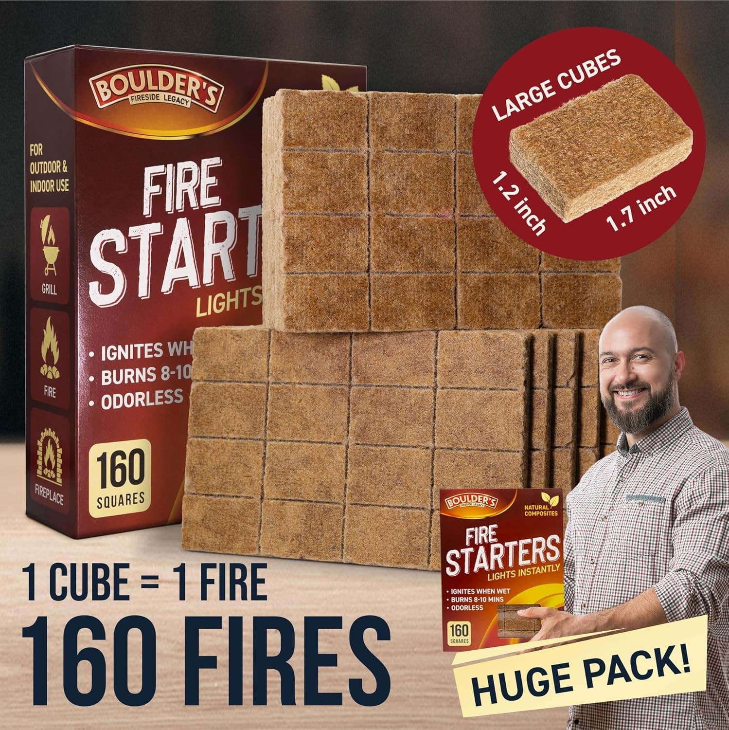 Fire Starter Cubes, 160 pcs – Bulk Pack – Firestarter Squares for 160, Brown