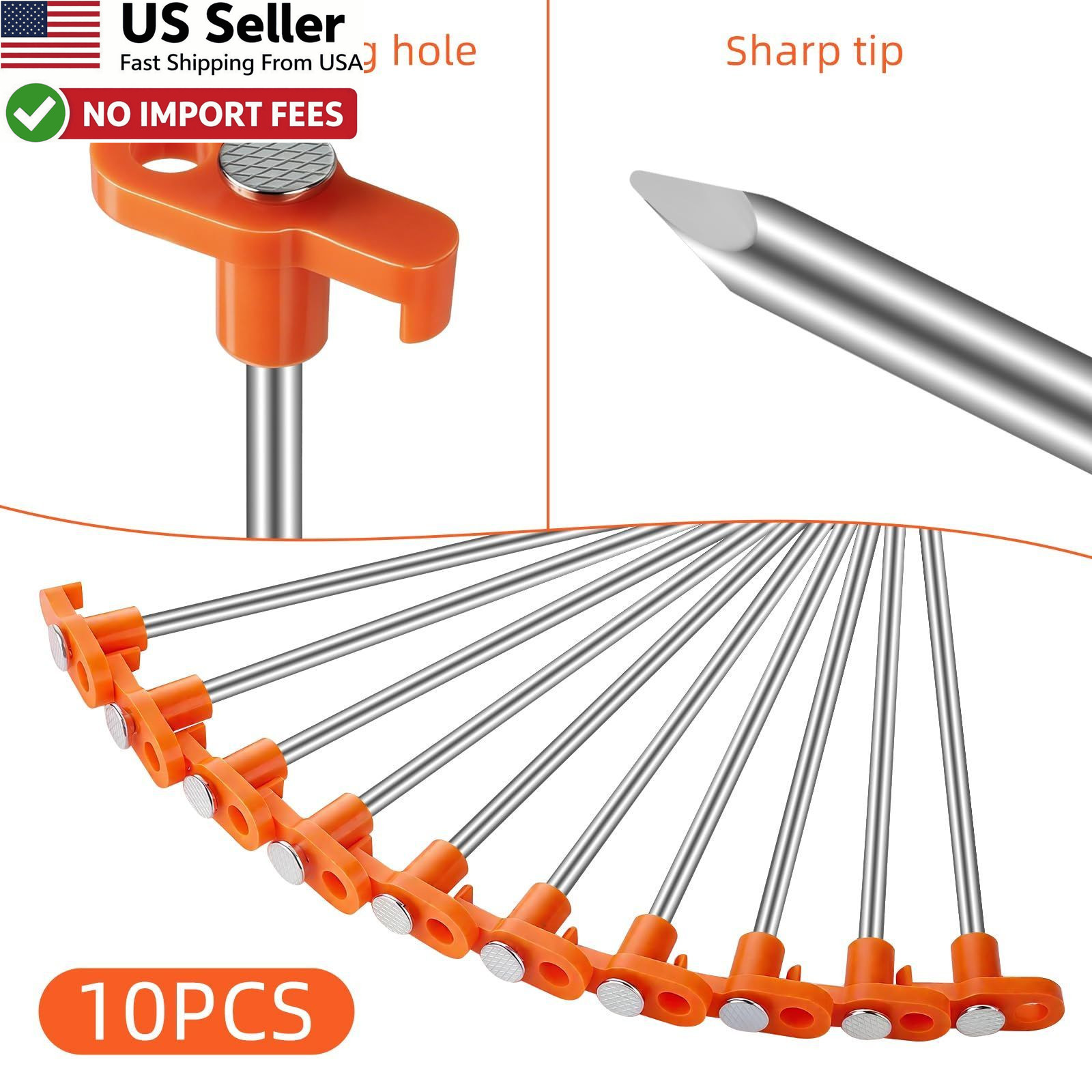 10Pcs Tent Stakes Heavy Duty 7″ Rust-Proof Metal Camping Pegs Orange FROM USA